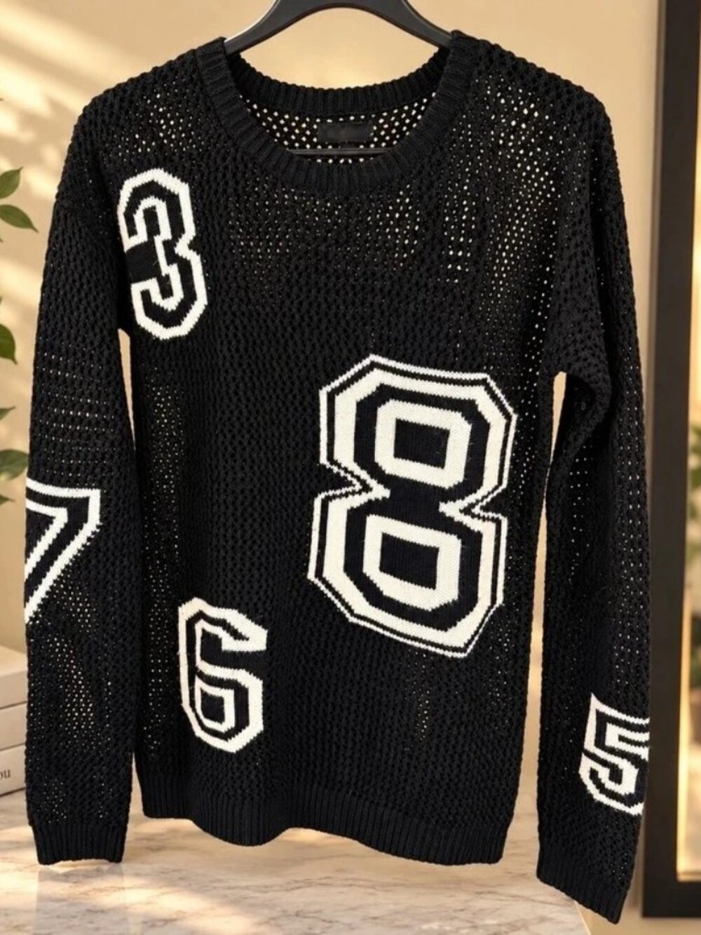 Black Open-Knit Number Graphic Sweater – Size Large